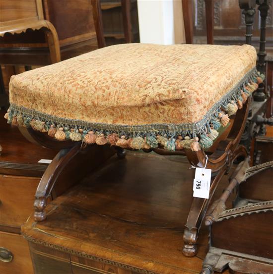 A Victorian rosewood X shaped stool, with old tapestry upholstered top, W.52cm